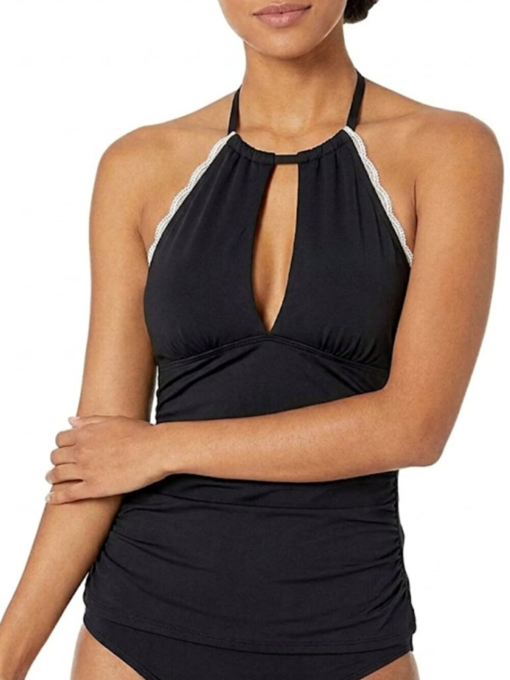 Anne Cole High Neck Keyhole Tankini Top Halter Black w/ Scalloped Trim 18W NWOT